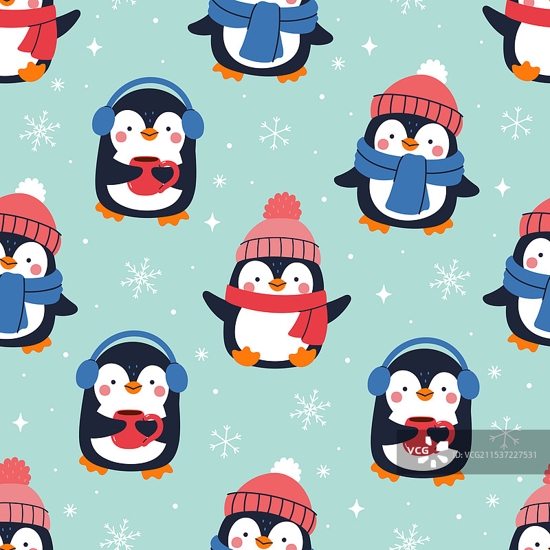无缝图案，企鹅戴着帽子图片素材