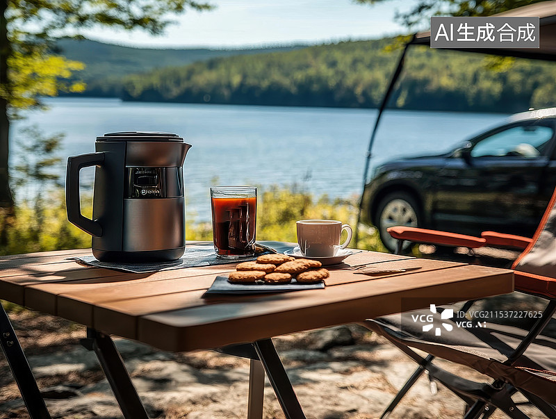【AI数字艺术】在湖边露营宁静的咖啡喝茶时光图片素材