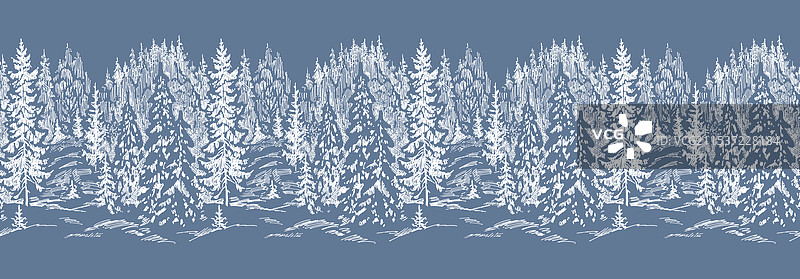 无缝边框的松树林素描，带有霜冻效果图片素材