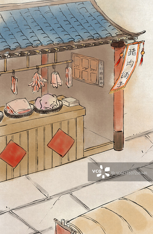 腊月二十六准备过年肉类—中国传统春节年俗习俗国画古风水墨写意工笔国风插画图片素材