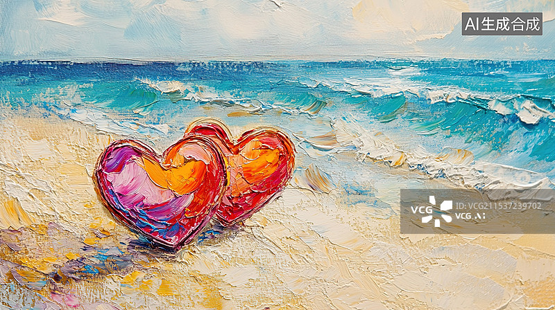【AI数字艺术】两颗油画五彩缤纷的玻璃爱心特写在海边沙滩上浪漫情人节七夕白色情人节旅游度假纪念日结婚周庆修复爱情插画图片素材