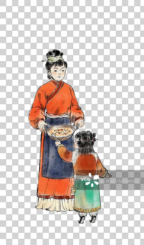熬制腊八粥的妈妈和女儿—中国传统春节年俗习俗国画古风水墨写意工笔国风元素图片素材
