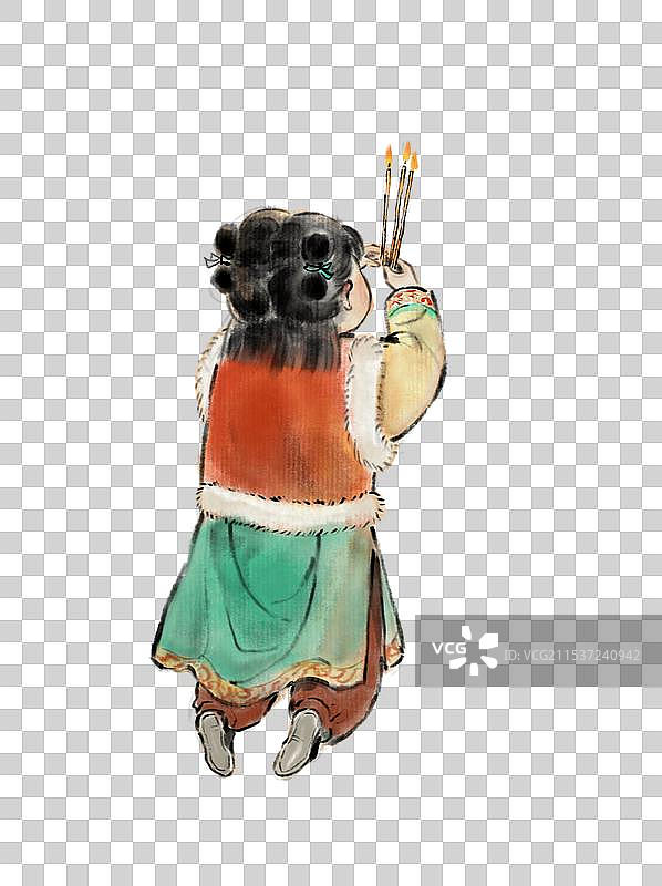 上香拜神祭祖的古风古代小孩—中国传统春节年俗习俗国画古风水墨写意工笔国风元素图片素材