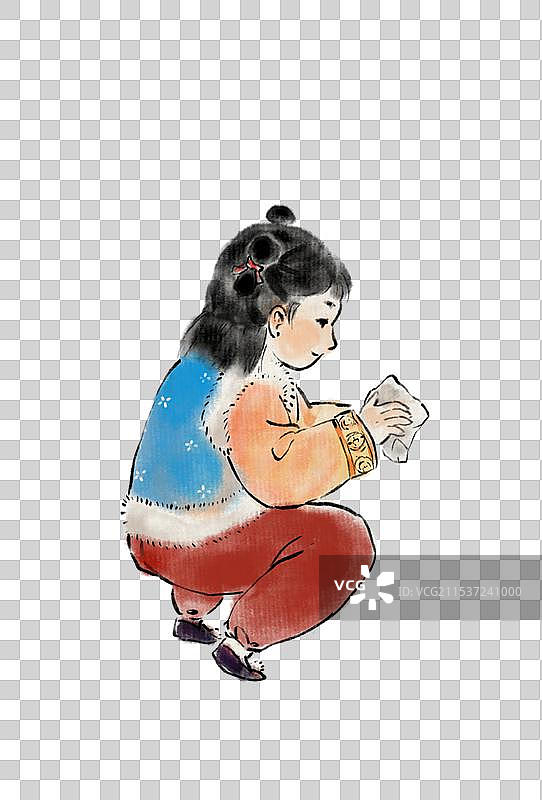 腊月二十四掸尘扫房子搞卫生的古风古代小孩—中国传统春节年俗习俗国画古风水墨写意工笔国风元素图片素材