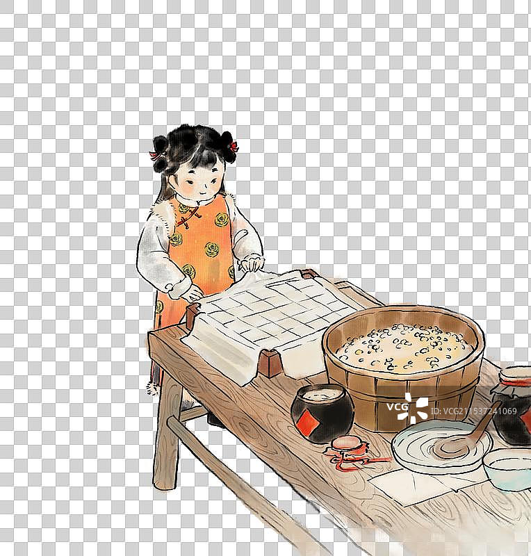 腊月二十五推磨做豆腐的小孩—中国传统春节年俗习俗国画古风水墨写意工笔国风元素图片素材