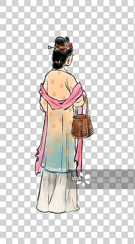 腊月二十六准备过年肉类上街购物的古代女子—中国传统春节年俗习俗国画古风水墨写意工笔国风元素图片素材