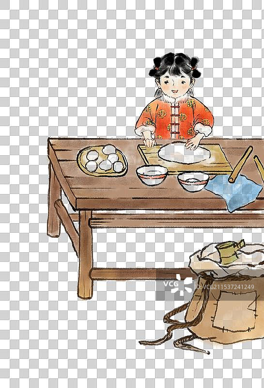 腊月二十八把面发做包子的古代女子—中国传统春节年俗习俗国画古风水墨写意工笔国风元素图片素材