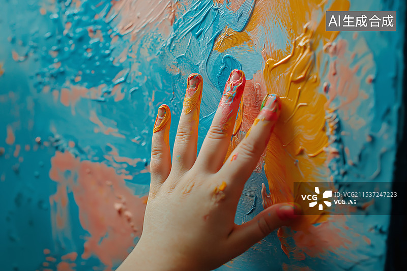 【AI数字艺术】一只小朋友的手上涂满了绘画颜料图片素材