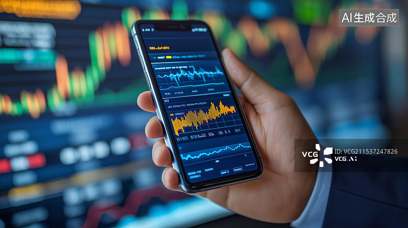 【AI数字艺术】一个人拿着手机背景是金融股市背景图图片素材