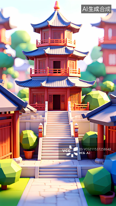 【AI数字艺术】多边形中式建筑三维插画图片素材