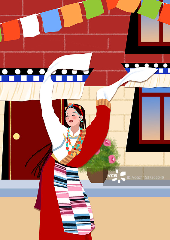 西藏姑娘在挂着经幡的民居前跳舞图片素材