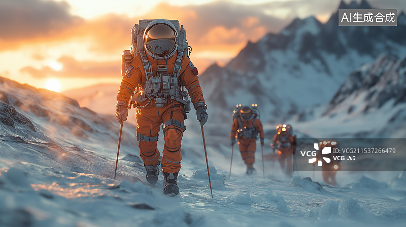 【AI数字艺术】在雪山上徒步旅行的人图片素材