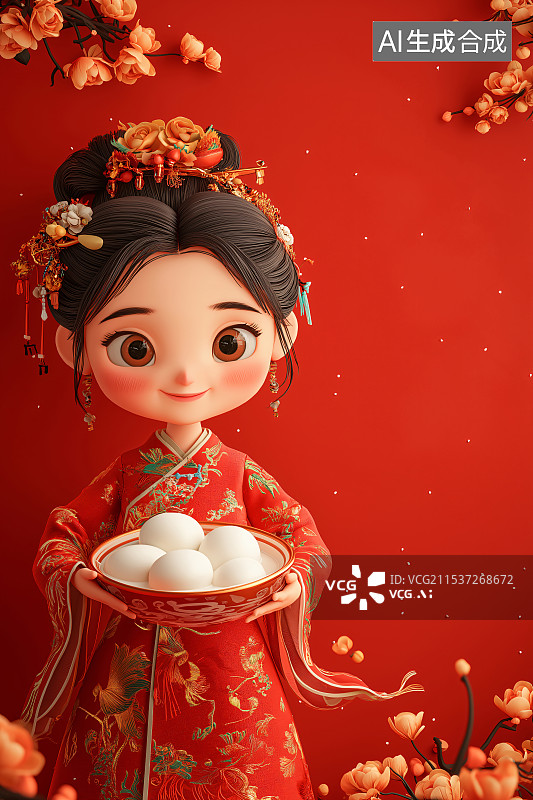 【AI数字艺术】元旦佳节，身着中式服装萌娃端红碗汤圆，中国红尽显传统民俗文化，传递喜庆团圆之意。图片素材