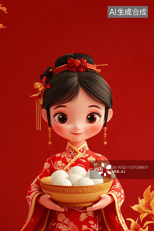 【AI数字艺术】元旦佳节，身着中式服装萌娃端红碗汤圆，中国红尽显传统民俗文化，传递喜庆团圆之意。图片素材