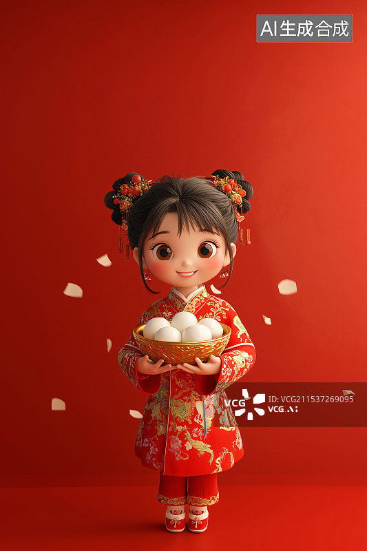 【AI数字艺术】元旦佳节，身着中式服装萌娃端红碗汤圆，中国红尽显传统民俗文化，传递喜庆团圆之意。图片素材
