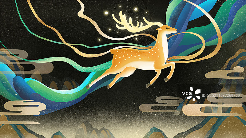 中式传统山海经麋鹿神兽插画图片素材