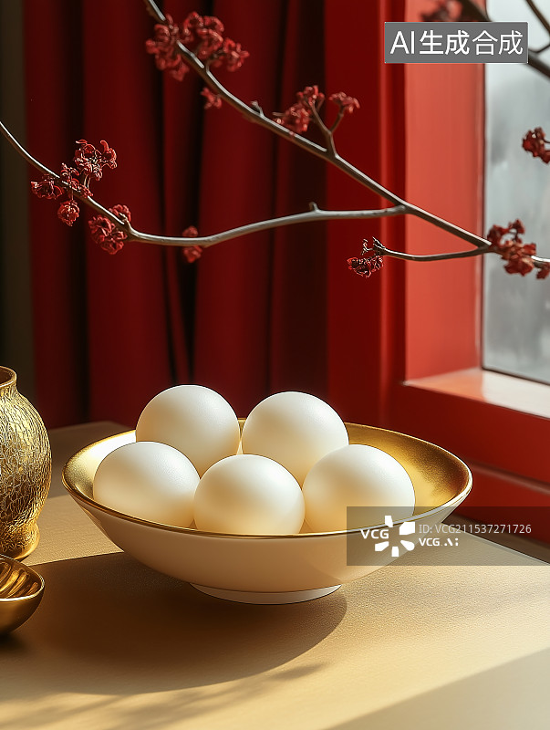 【AI数字艺术】元旦汤圆展示图，红金主题祥瑞，白滑汤圆于碗中，自然光影下简约呈现，兼具美食与节庆质感。图片素材