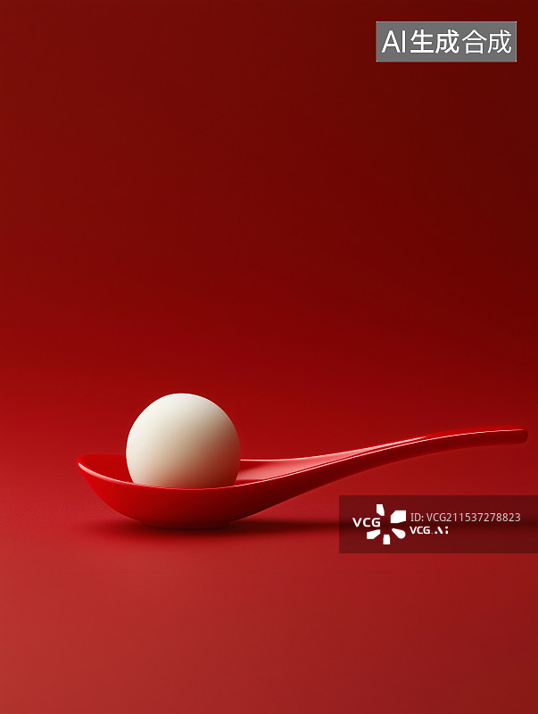 【AI数字艺术】元旦 3D 卡通图，红色背景简约，白色汤圆于红勺内，侧拍焦点构图，萌态十足，尽显节庆美食特色。图片素材