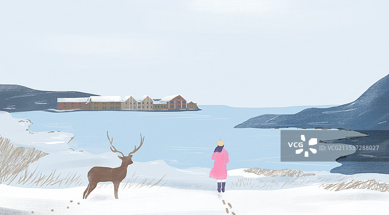 冬季海边远望的女孩和背后的驯鹿手绘插画图片素材
