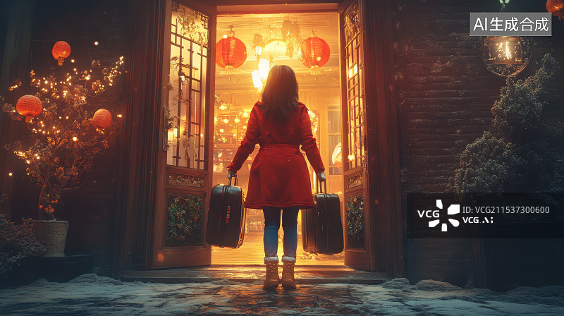 【AI数字艺术】中国新年春节回家过年家门口团圆一家人温馨团聚迎接图片素材