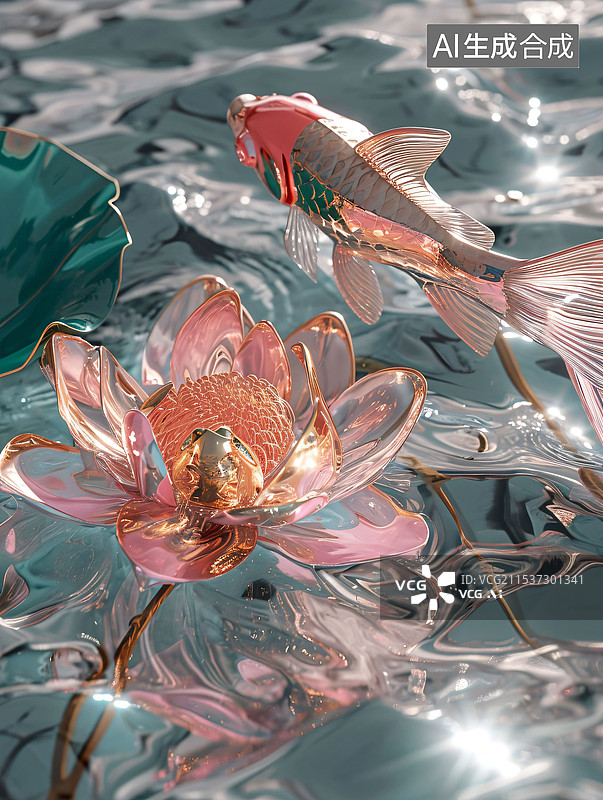 【AI数字艺术】粉红色的水晶材质金鱼和荷花图片素材