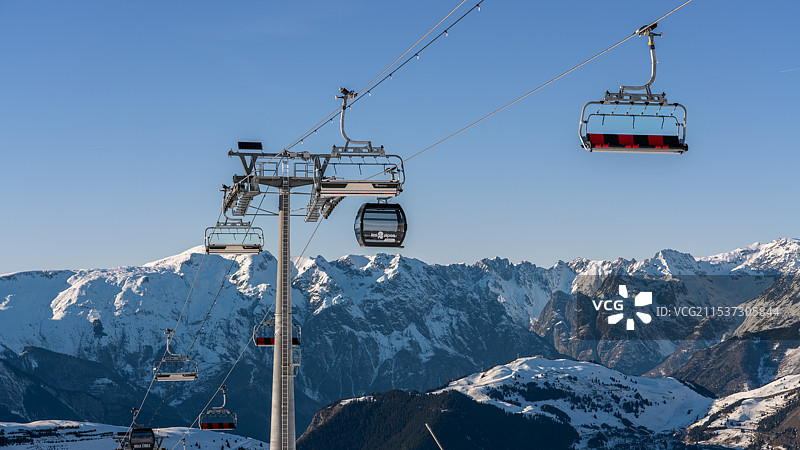 晴朗的天气，法国阿尔卑斯山，les 2 alpes雪场的雪山和滑雪缆车图片素材
