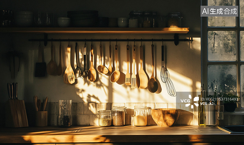 【AI数字艺术】厨房内挂着的锅铲、勺子、砧板等木制厨房用具，整洁摆放，营造温馨厨房氛围。图片素材