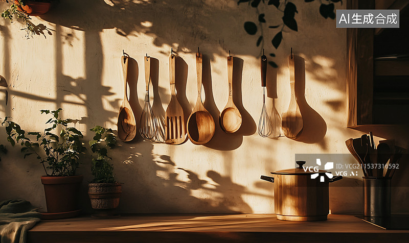 【AI数字艺术】厨房内挂着的锅铲、勺子、砧板等木制厨房用具，整洁摆放，营造温馨厨房氛围。图片素材