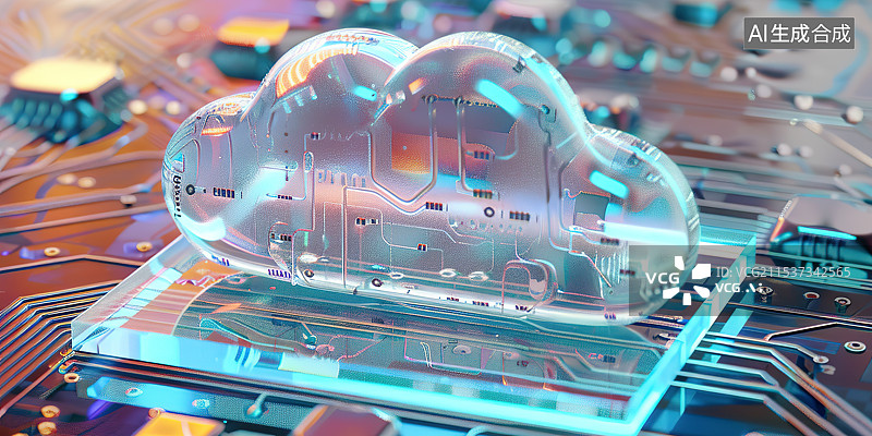 【AI数字艺术】一朵科技云在电路板上——未来科技云桌面云计算数据处理概念图片素材
