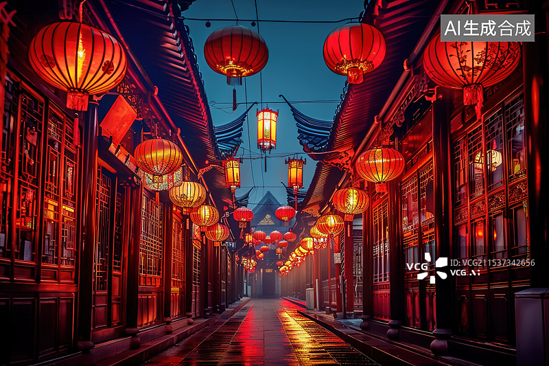 【AI数字艺术】春节期间挂满红色灯笼的中国古代建筑弄堂图片素材