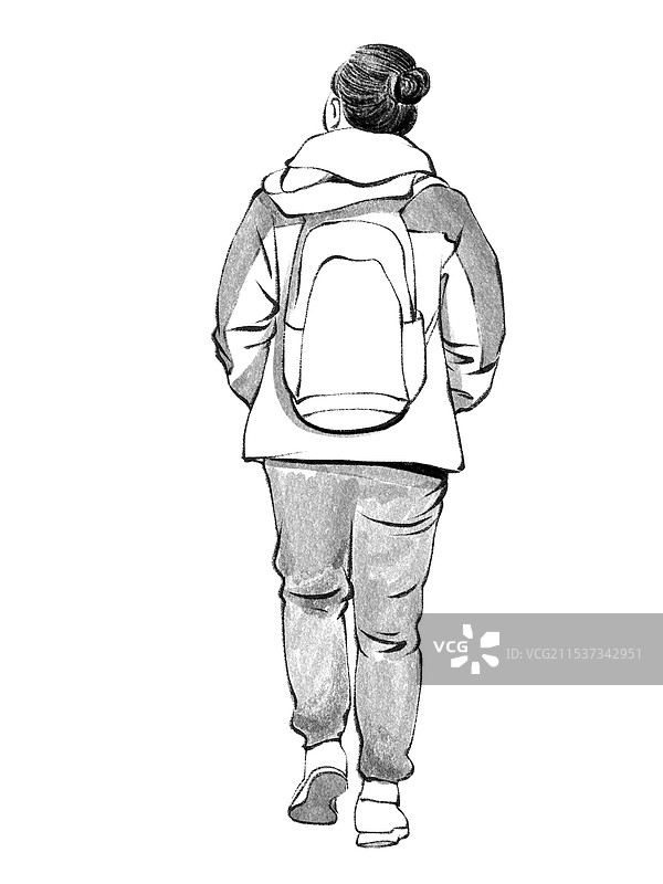 一个女生背着书包走路的背影黑白速写素描画图片素材