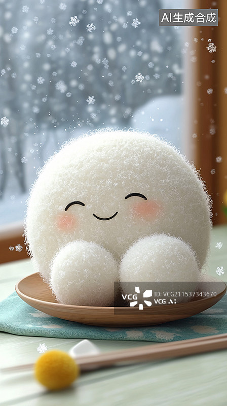 【AI数字艺术】冬至毛绒材质汤圆，整齐地排列在盘子中，温馨、舒适的氛围，温馨、节日的暖冬感觉，团圆和幸福图片素材