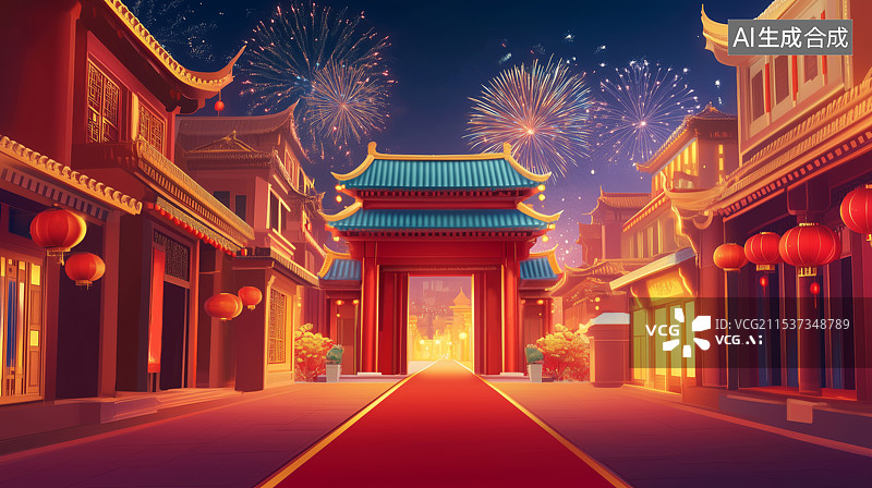 【AI数字艺术】春节夜晚红色古代建筑插画图片素材