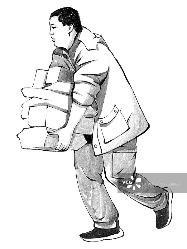 抱着快递盒的男人快递员外卖员配送员手绘黑白速写素描画图片素材