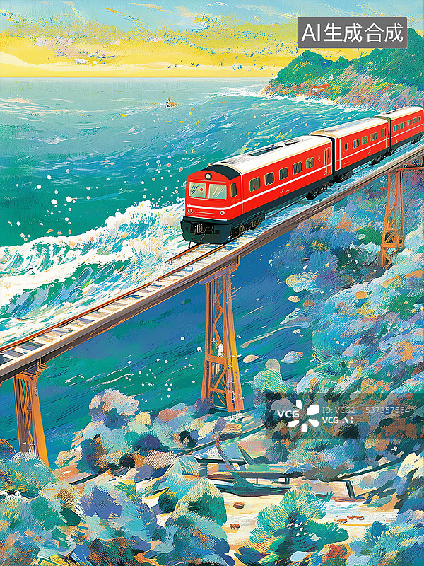 【AI数字艺术】开往春天的列车，海面上高架桥上的火车色彩鲜艳的油画肌理 竖版图片素材