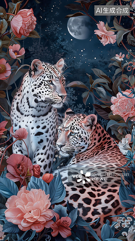 【AI数字艺术】花丛中的豹子 竖版图片素材