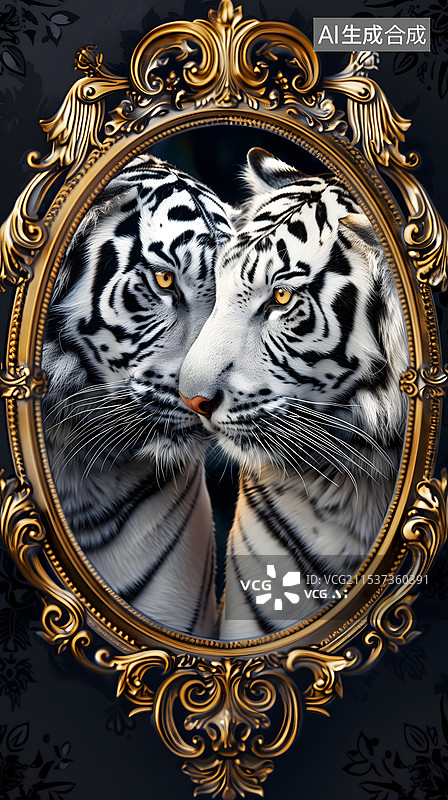 【AI数字艺术】3D渲染对称两只白色老虎装饰画 竖版图片素材