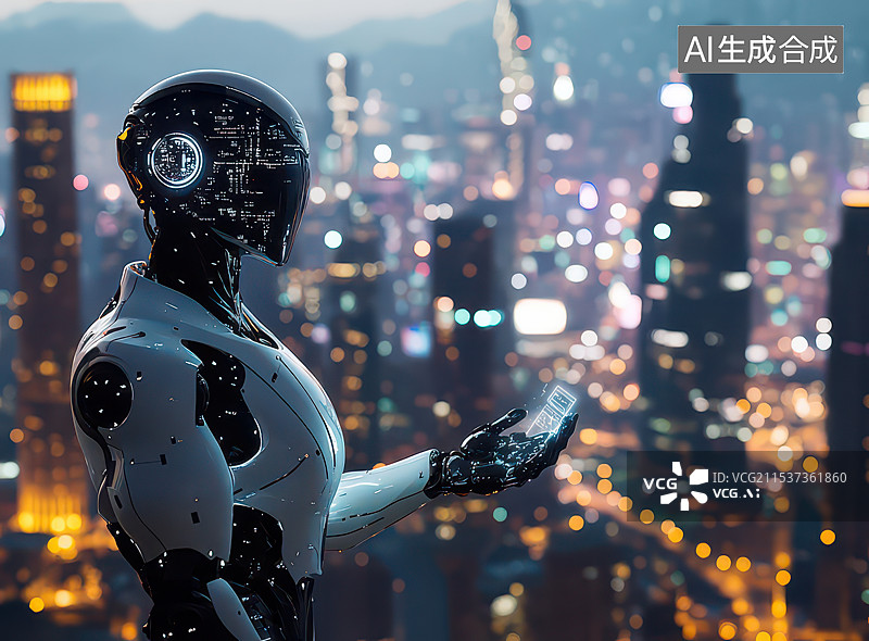 【AI数字艺术】AI机器人眺望未来城市图片素材