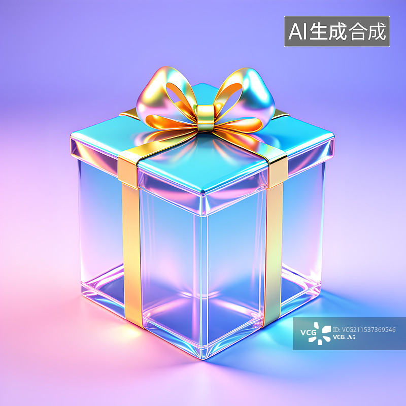 【AI数字艺术】3D渲染，炫彩粉色渐变色透明激光镭射礼物盒，礼物，问候，祝福，庆祝，图形图标图片素材