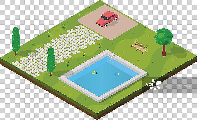 3D等距游泳池与停车场和树木图片素材