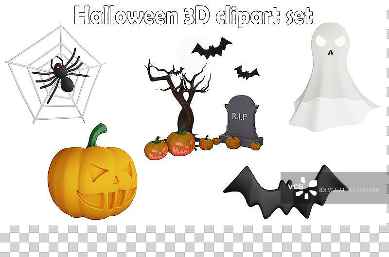 万圣节剪贴画元素 3D 渲染万圣节图片素材