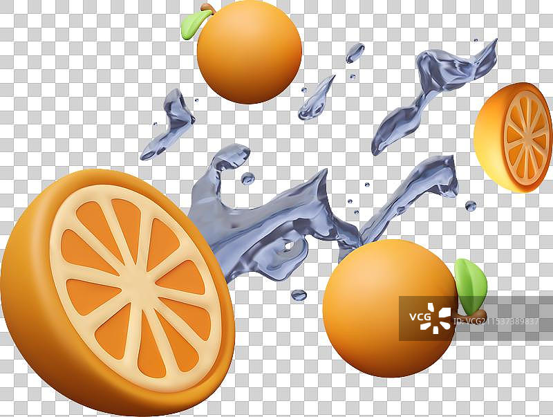 逼真的橙子被透明液体冲洗过图片素材