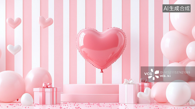 【AI数字艺术】情人节心形气球和礼物盒图片素材