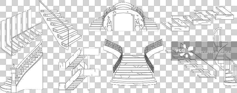 木制楼梯单色轮廓图标集图片素材