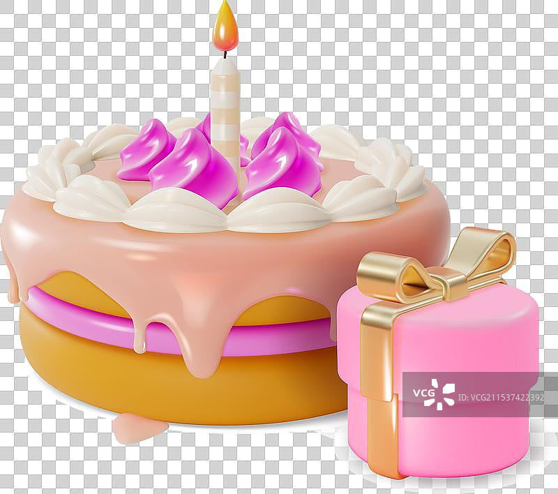 卡通风格的3D生日蛋糕，配有蜡烛和礼品盒图片素材