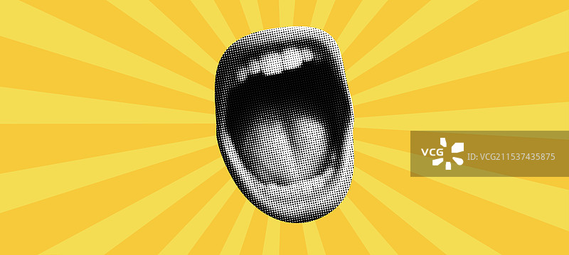 半色调拼贴画，嘴巴尖叫在光芒四射的背景上图片素材