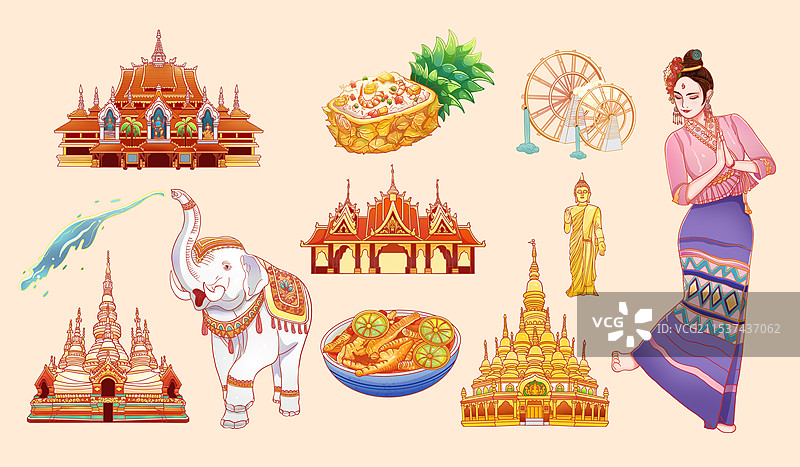 国风城市云南西双版纳地标建筑美食插画图片素材