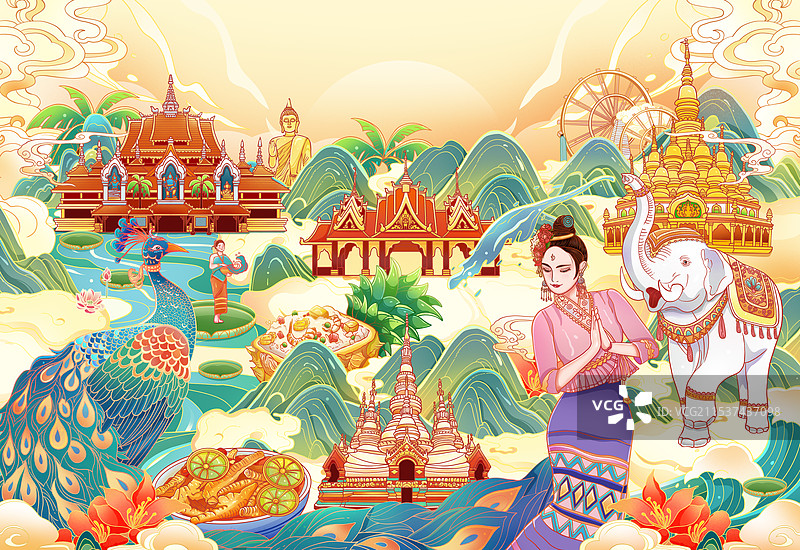 国风城市云南西双版纳地标建筑美食插画海报图片素材