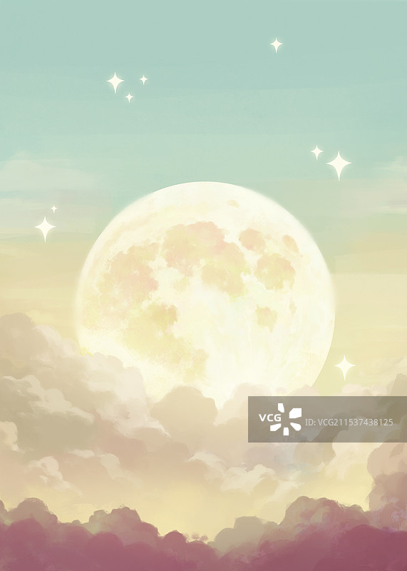 唯美治愈的月亮风景竖版插画图片素材