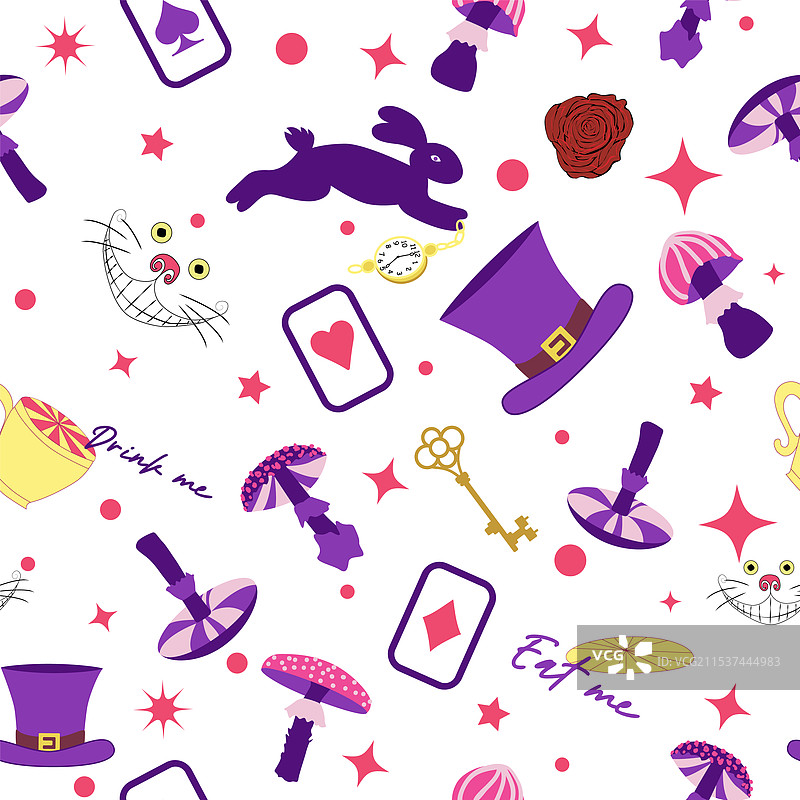 仙境图案元素：兔子和柴郡猫图片素材